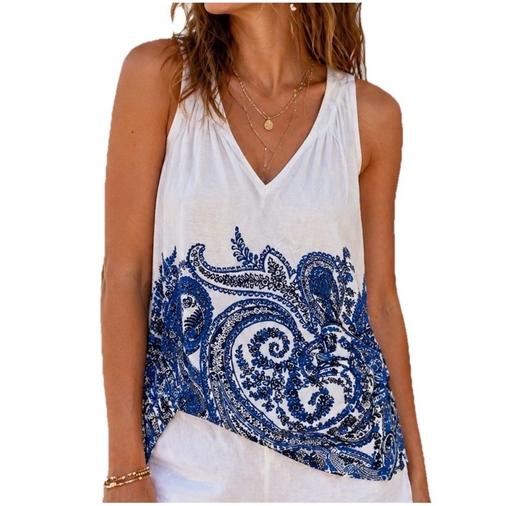 Ann Taylor Tank Top M Blue White Paisley VNeck Flowy Boho Sleeveless Halter Back